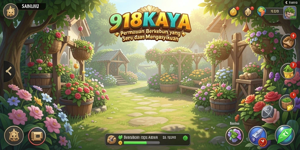 Tampilan utama gameplay 918KAYA dengan aktivitas berkebun yang seru.