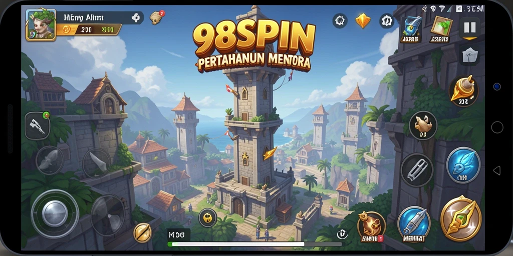 Screenshot utama menampilkan aksi seru dari gameplay Tower Defense 98SPIN.