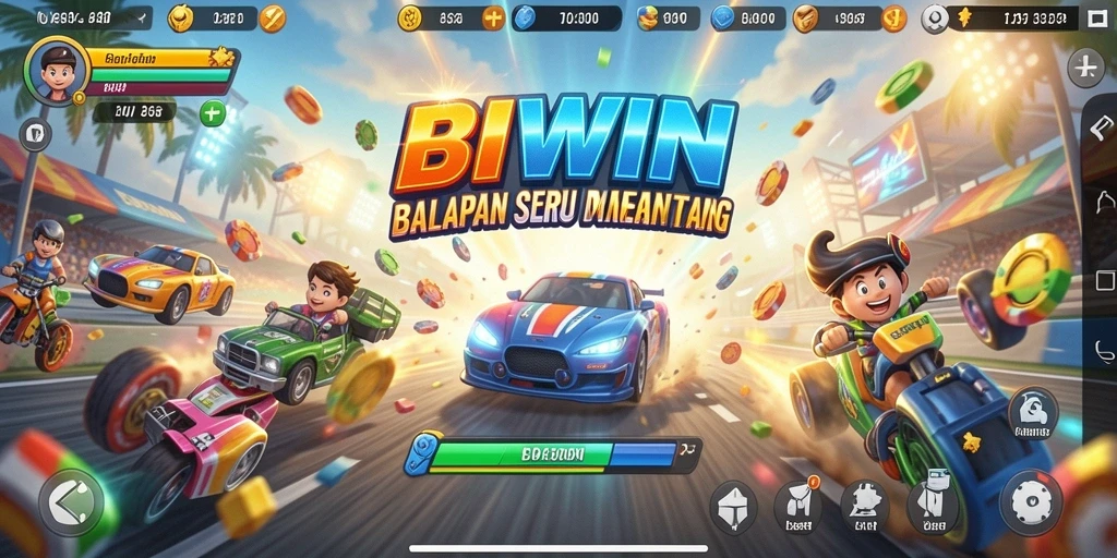 Gameplay balapan seru di BIWIN dengan mobil yang melaju kencang.