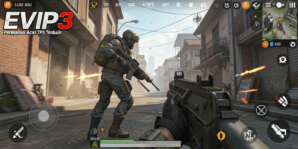 Screenshot EVIP3 menunjukkan aksi mendebarkan dalam permainan TPS.