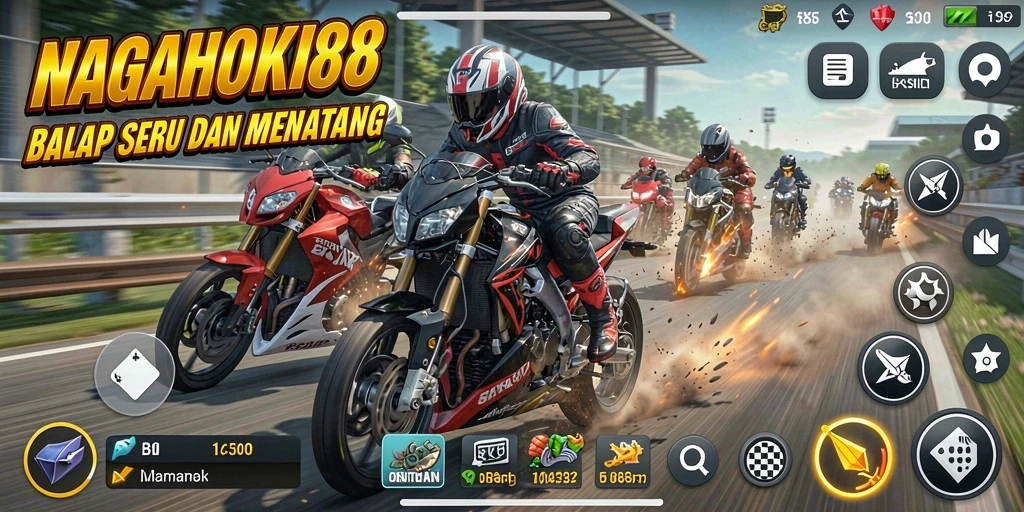 Screenshot NAGAHOKI88 menampilkan aksi balap mendebarkan di lintasan.