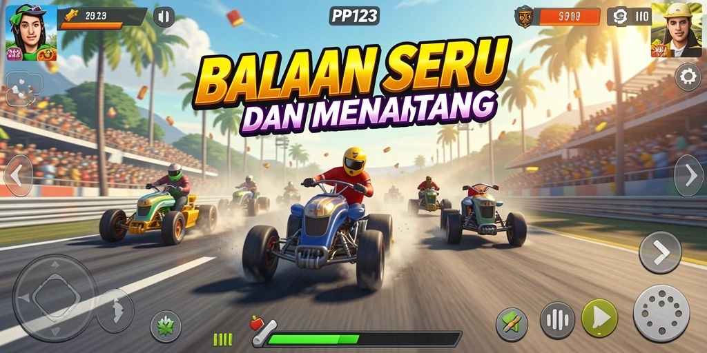 Tampilan aksi balapan seru dalam PP123 dengan mobil yang melaju cepat.