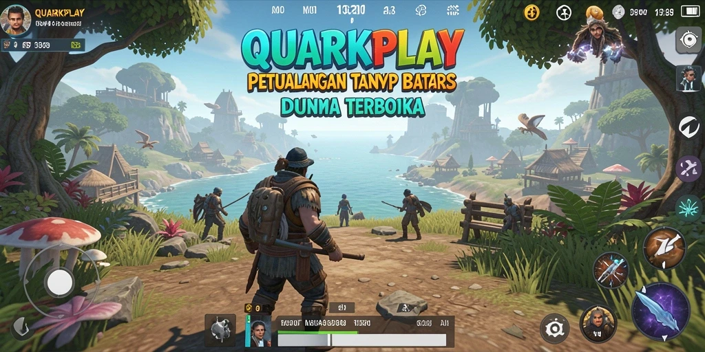 Screenshot gameplay QUARKPLAY menampilkan petualangan di dunia terbuka yang luas.