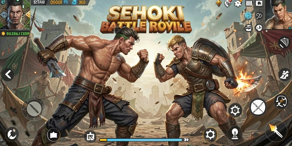 Screenshot gameplay SEHOKI menampilkan pertempuran intens di pulau.