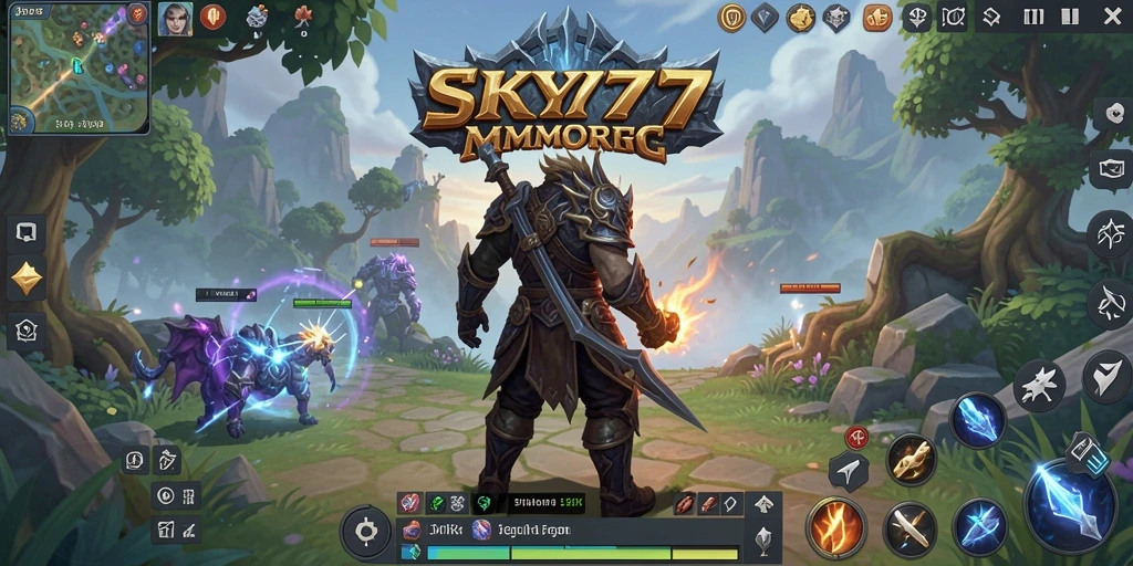 Tangkapan layar gameplay SKY77 yang menampilkan aksi petualangan MMORPG.