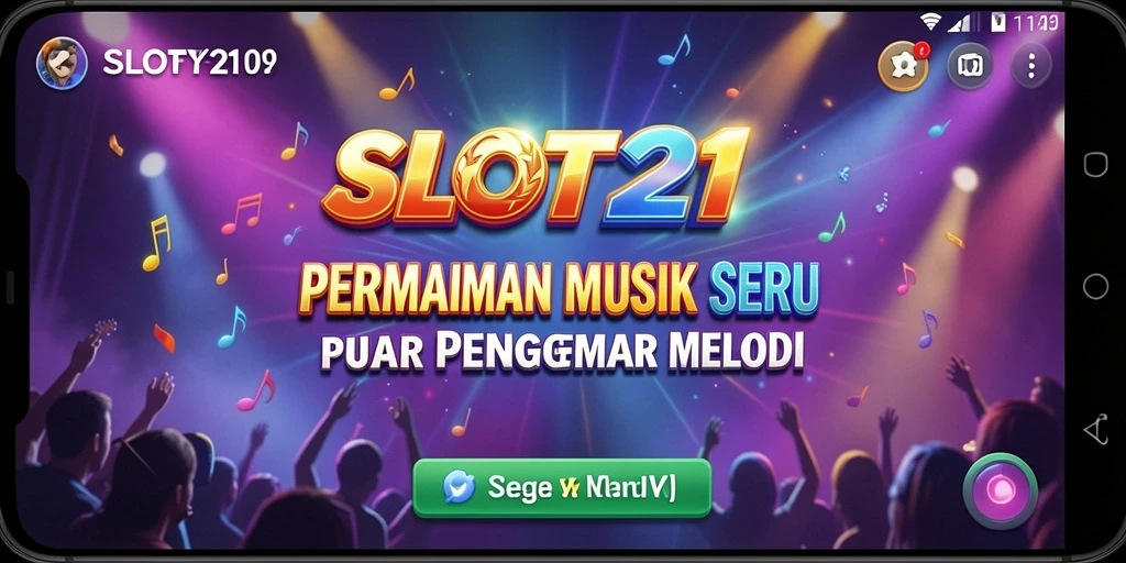 Screenshot menunjukkan gameplay SLOT21 dengan musik yang menghidupkan suasana.