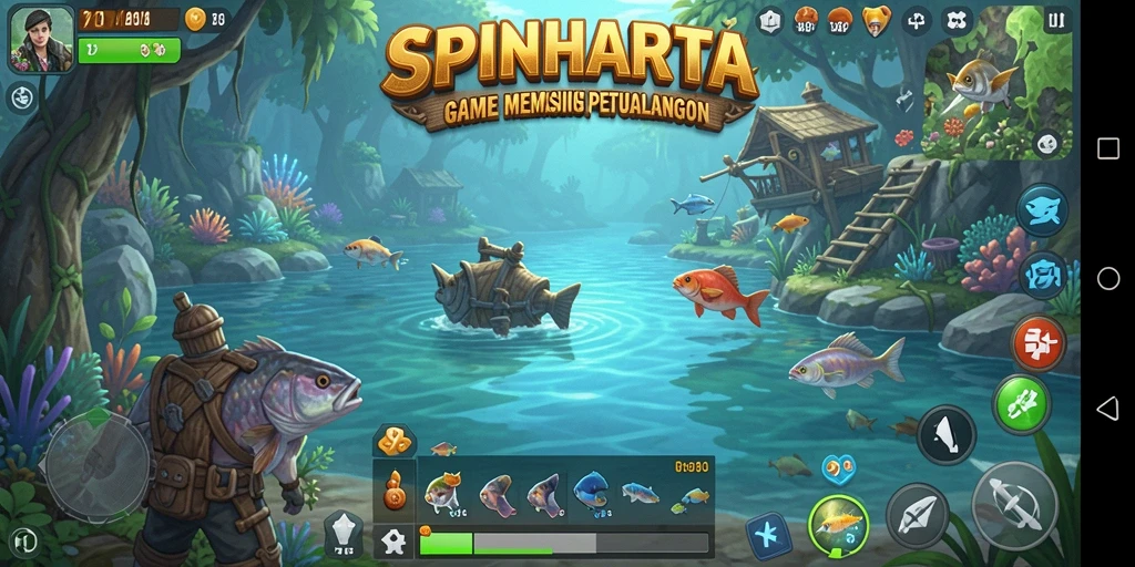 Tampilan gameplay SPINHARTA yang menyenangkan saat memancing.