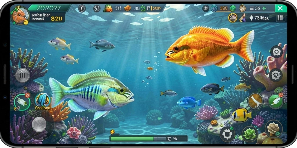 Tangkapan layar ZORO77 menunjukkan gameplay Tembak Ikan yang seru.