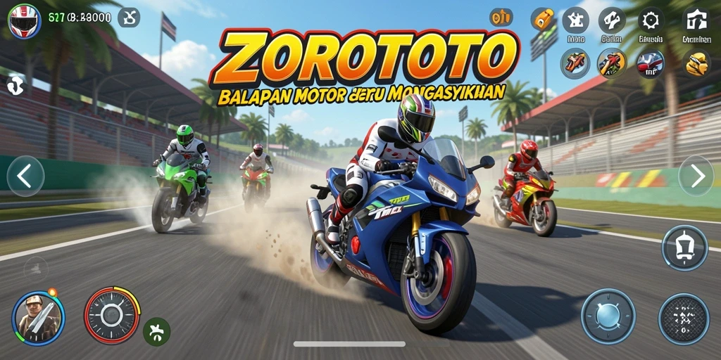 Screenshot gameplay ZOROTOTO menunjukkan balapan motor yang intens dan menegangkan.